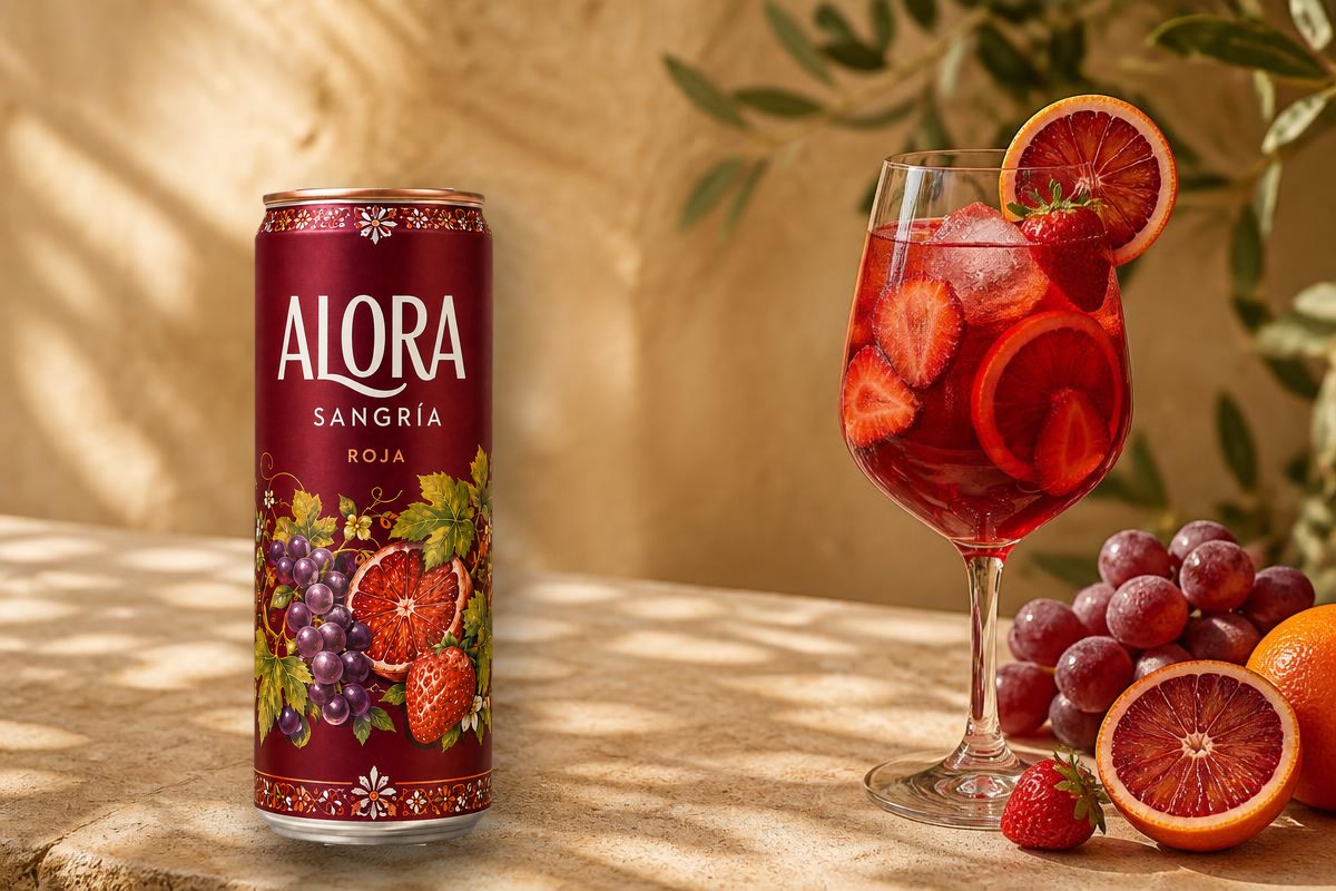 ALORA-blikje naast een glas met ijs en vers fruit in warm zonlicht
