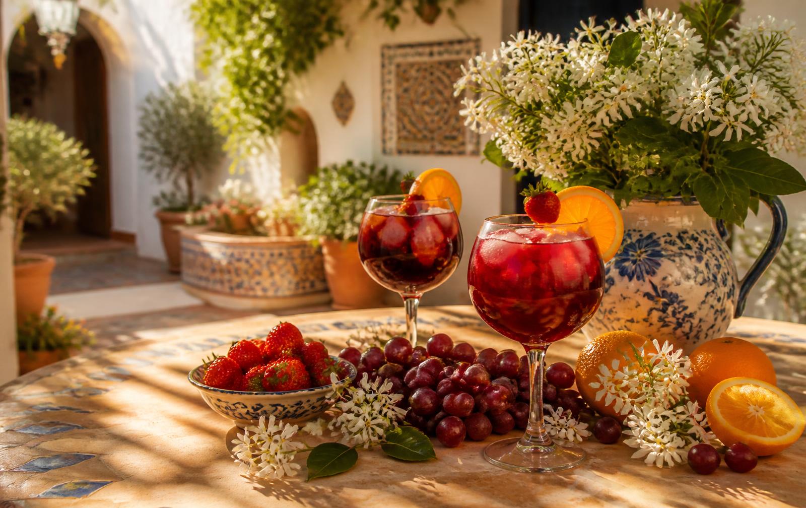 Mediterrane binnentuin met sangría, fruit en azulejo-tegels in warm zonlicht